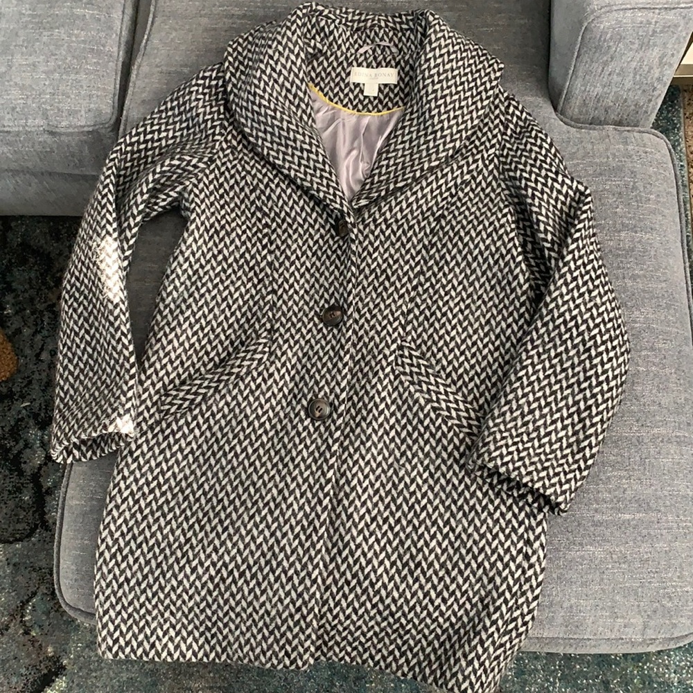 Edina Ronay wool-blend coat. Shawl collar. Black and gray herringbone. US 8.
